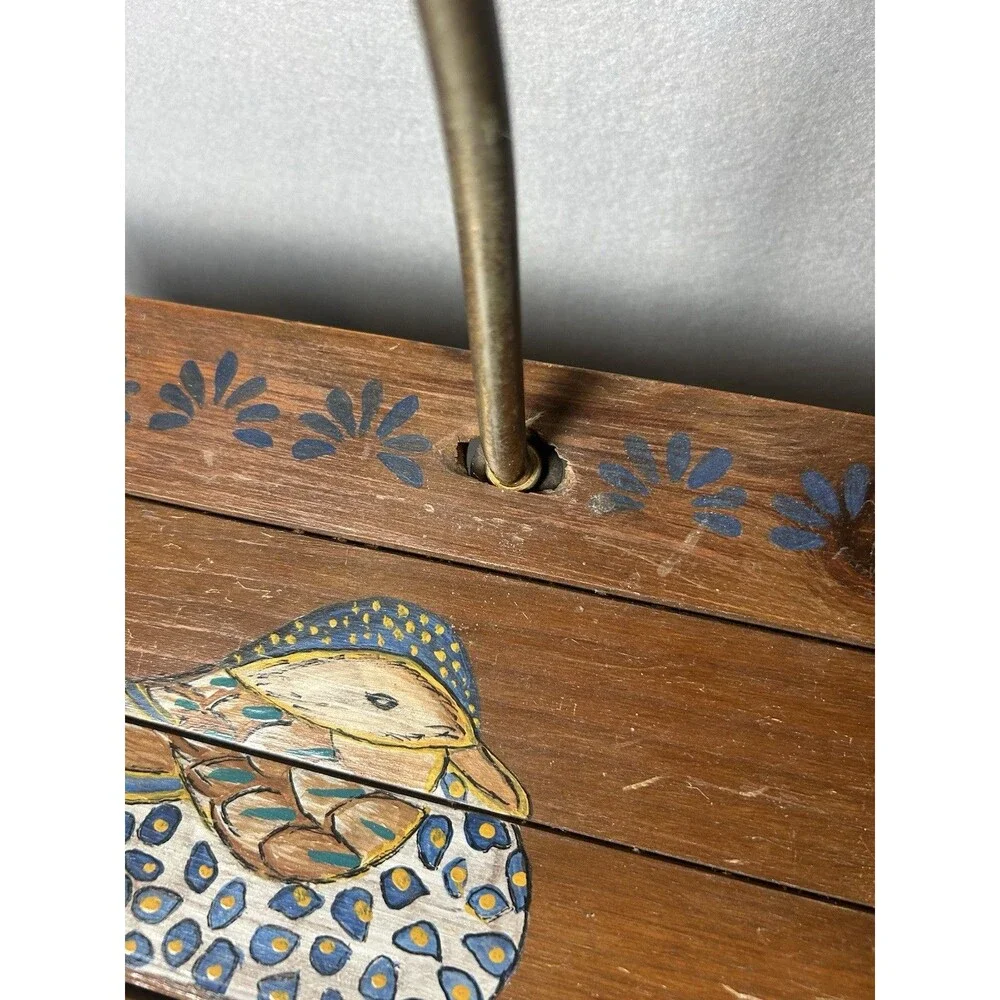 VTG Handmade Hand Painted Mallard Duck‎ Magazine Fireplace Basket Metal Handle